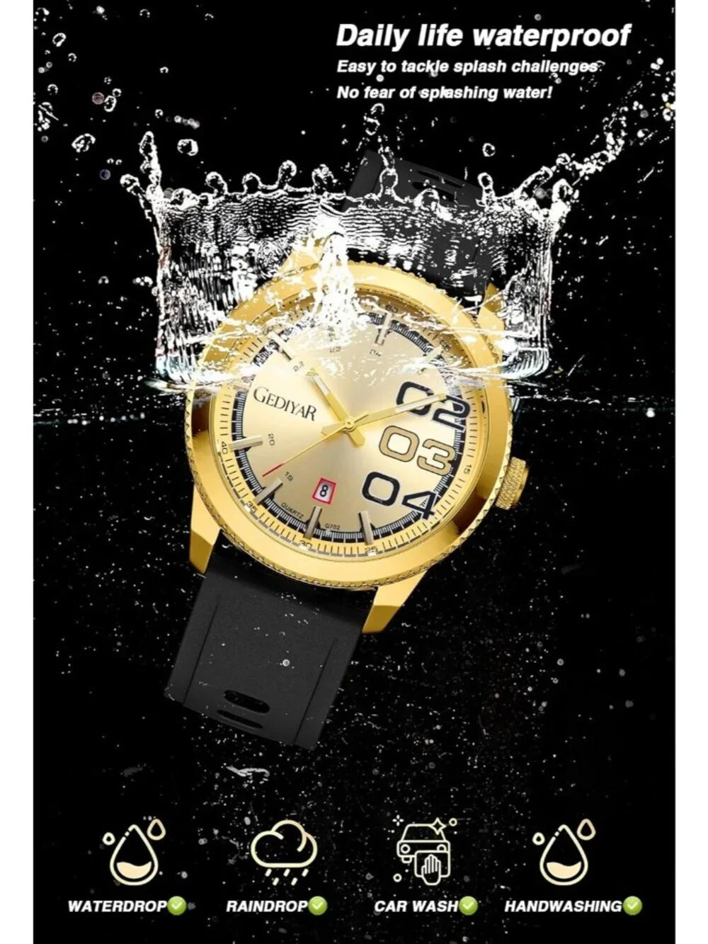 Men's Black And Gold Analog Quartz Silicone Band Waterproof Luminous Wrist Watch
